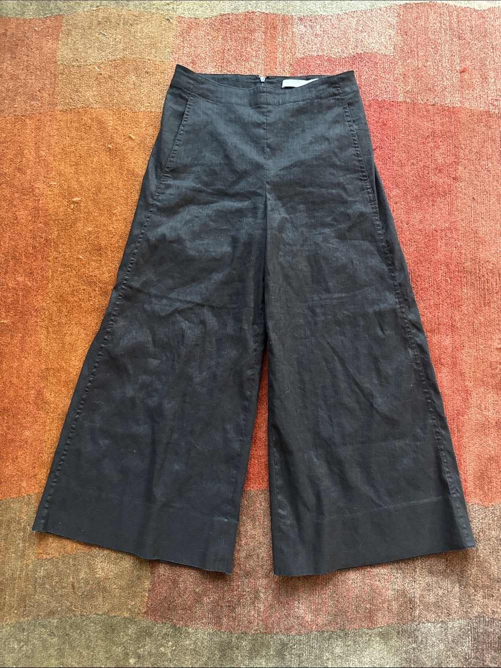 Vince Black High Rise Linen Stretch Culotte Pants Flat Front Back Zip - Sz 0